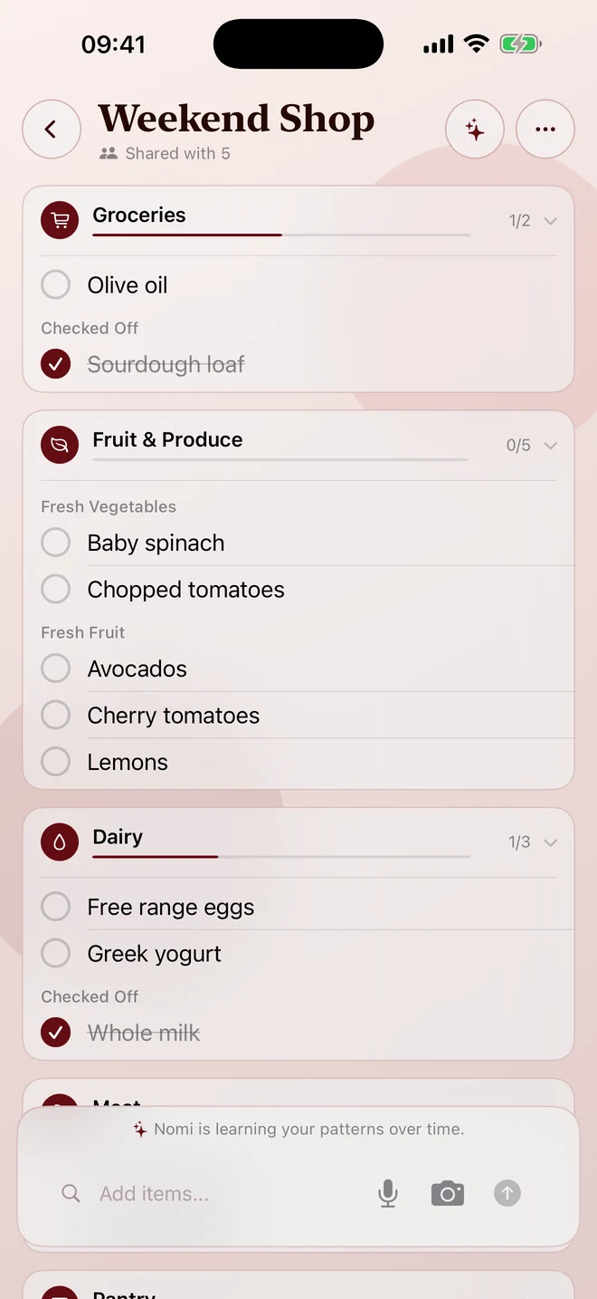 Nomi's Weekend Shop list, with items grouped into Groceries, Fruit & Produce and Dairy