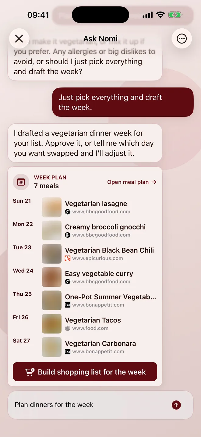 Ask Nomi showing a drafted week of seven vegetarian dinners, Sunday to Saturday, each linked to its recipe site, above a button to build the shopping list for the week